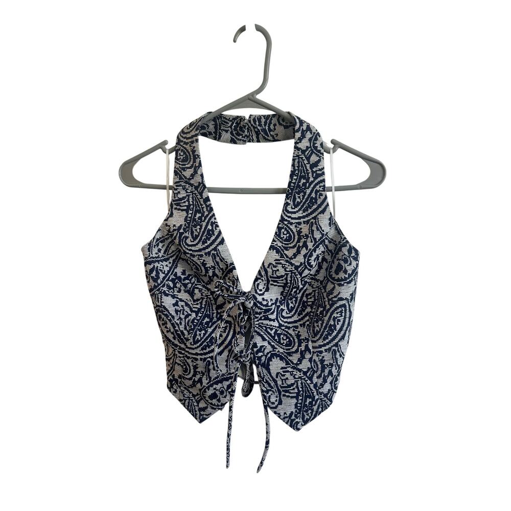 Vici NWT Lush Lotus Front Tie Crop Top Halter Blue Tapestry Sz S - Picture 3 of 8